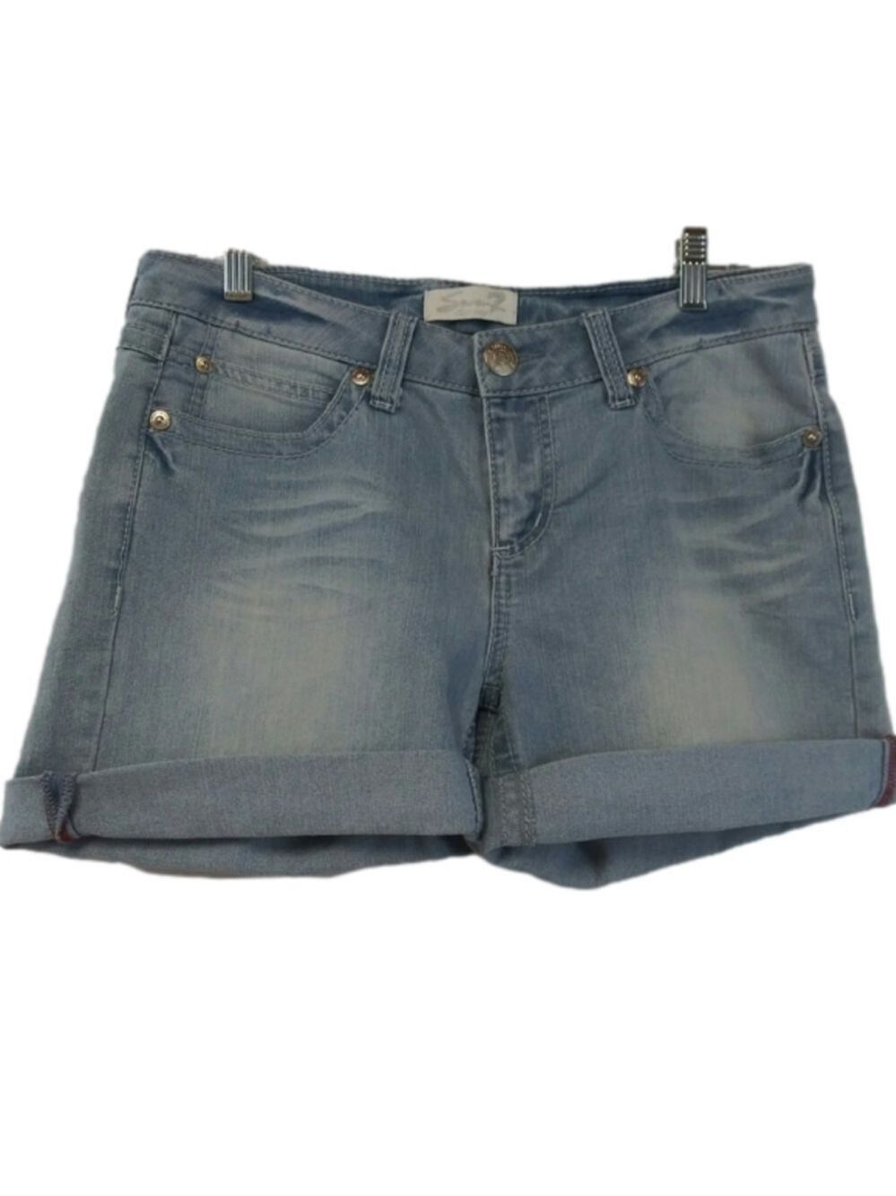 Seven7 Blue Light Wash Whiskering Mid Rise Zip Up Cuffed Hem Denim Jean Shorts